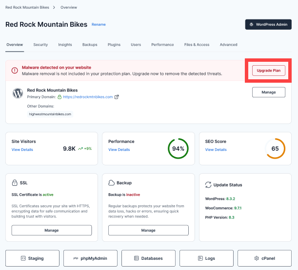 Bluehost Malware Protection - Websites -Overview tab - Infected Site - Upgrade